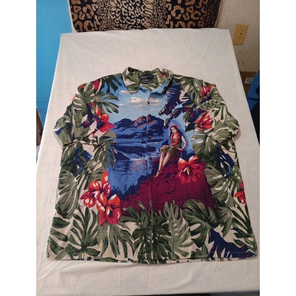 Nautica Shirt Mens XLarge Blue Linen Blend Hawaiian Camp Island Beach Hula Girl - Picture 1 of 4